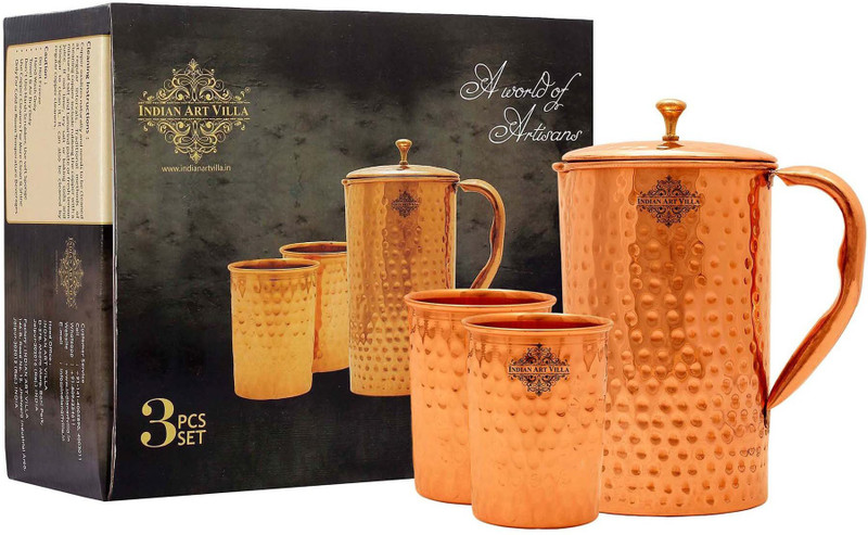 IndianArtVilla Hammered Design Jug With 2 Glass With Pitambari,Drinkware Jug Glass Set(Copper)