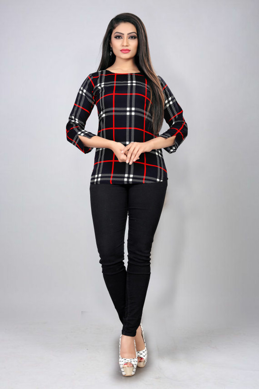 amar fab Party 3/4 Sleeve Checkered Women Black Top