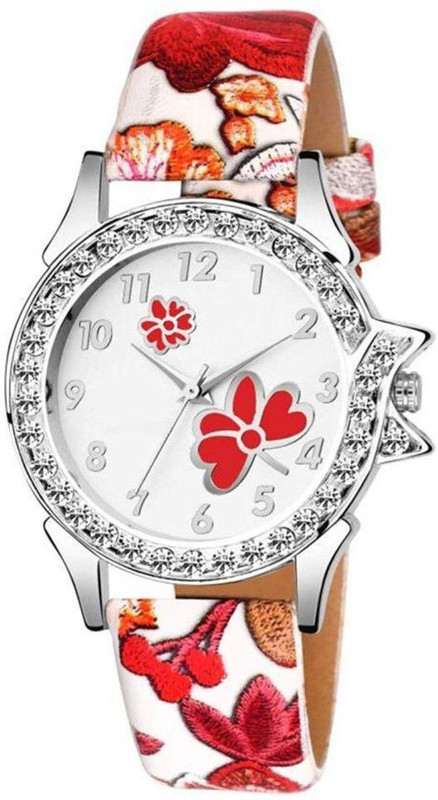 watchsales White Dial New Red Flower Print Band Analog Watch  - For Men