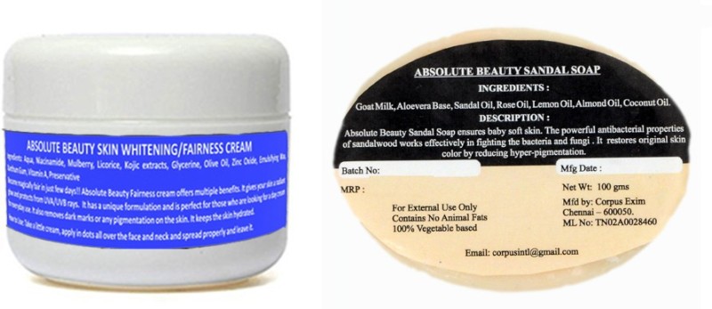 Absolute Beauty SKIN WHITENING FAIRNESS CREAM + SANDAL SOAP(2 Items in the set)