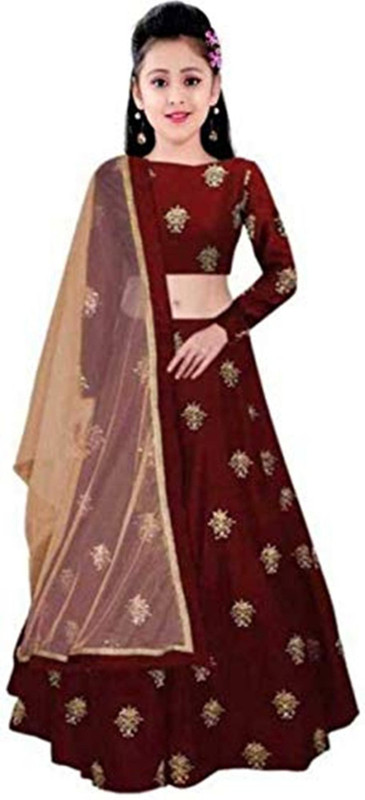keyaan fashion Girls Lehenga Choli Ethnic Wear, Party Wear Embroidered Lehenga, Choli and Dupatta Set(Maroon, Pack of 3)