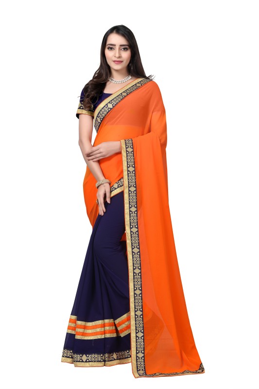 Aai shree khodiyar Solid Banarasi Poly Georgette Saree(Orange, Dark Blue)