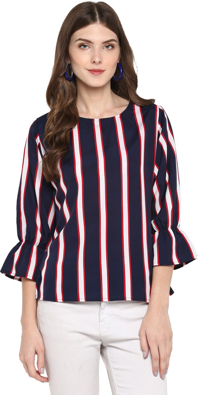 indietoga Casual Bell Sleeve Striped Women Blue Top