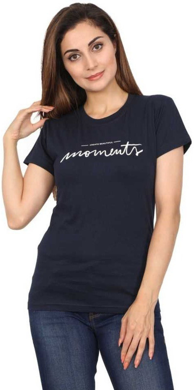 therihitss Printed Women Round Neck Dark Blue T-Shirt