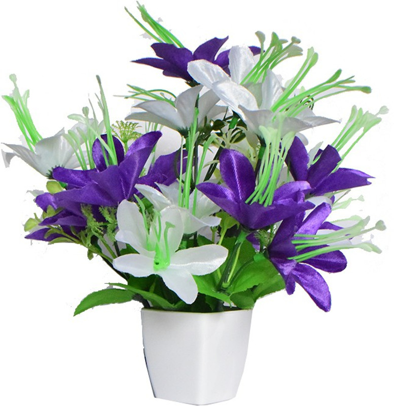 malik Purple Lily Artificial Flower  with Pot(19 inch, Pack of 17)