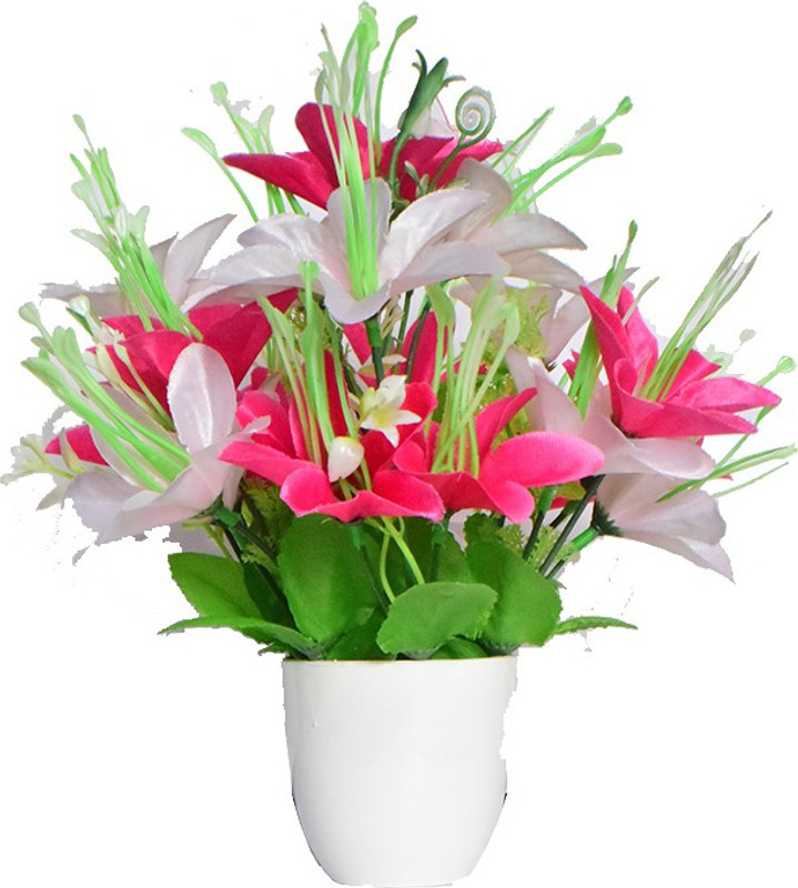 malik Pink Lily Artificial Flower  with Pot(19 inch, Pack of 17)