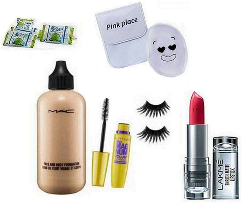 pink palace silicon puff & face and body foundation, mag num mascara,eyelashes,magic napkin(5 Items in the set)
