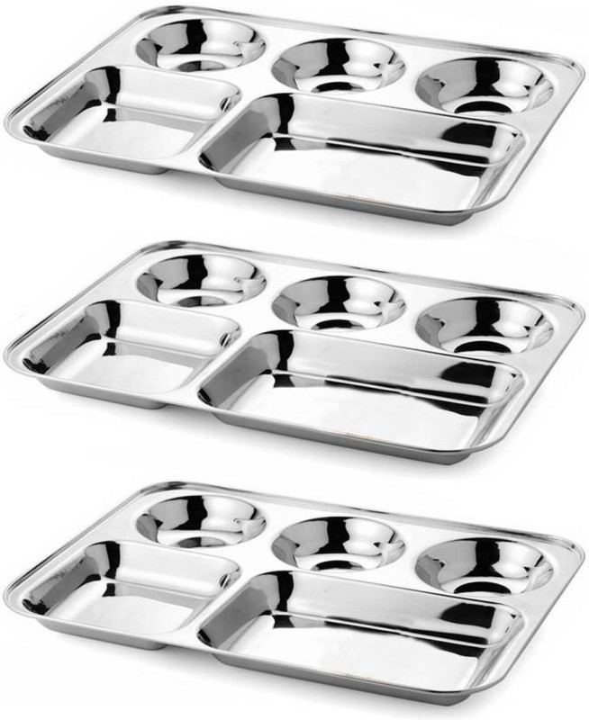 pranidh Stainless Steel Rectangular Bhojan / Lunch / Dinner Plate (5 Units) Sectioned Plate(5 Units)