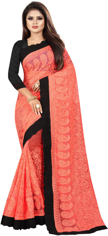 nine sister Embroidered Bollywood Net Saree(Orange)