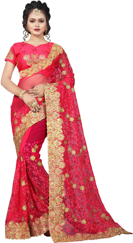 nine sister Embroidered Bollywood Net Saree(Pink)