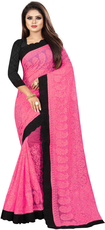 nine sister Embroidered Bollywood Net Saree(Pink)