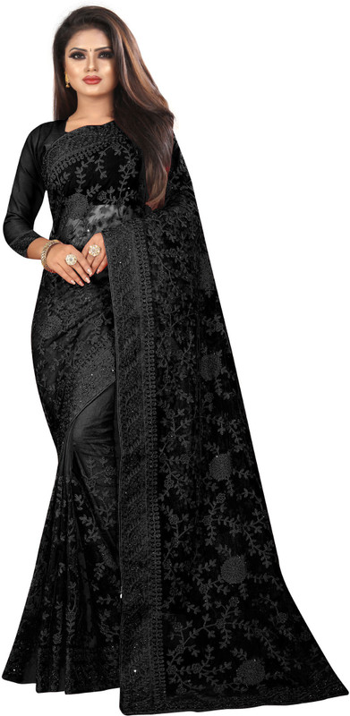 nine sister Embroidered Bollywood Net Saree(Black)
