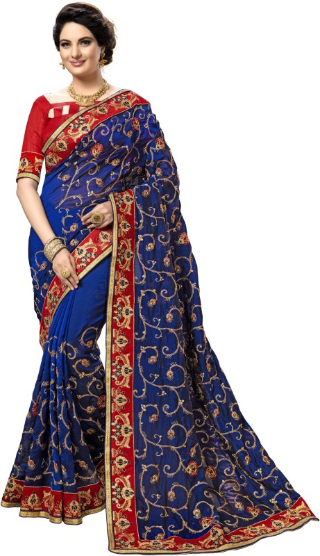 Nivah Fashion Embroidered Bollywood Satin Blend Saree(Red, Blue)