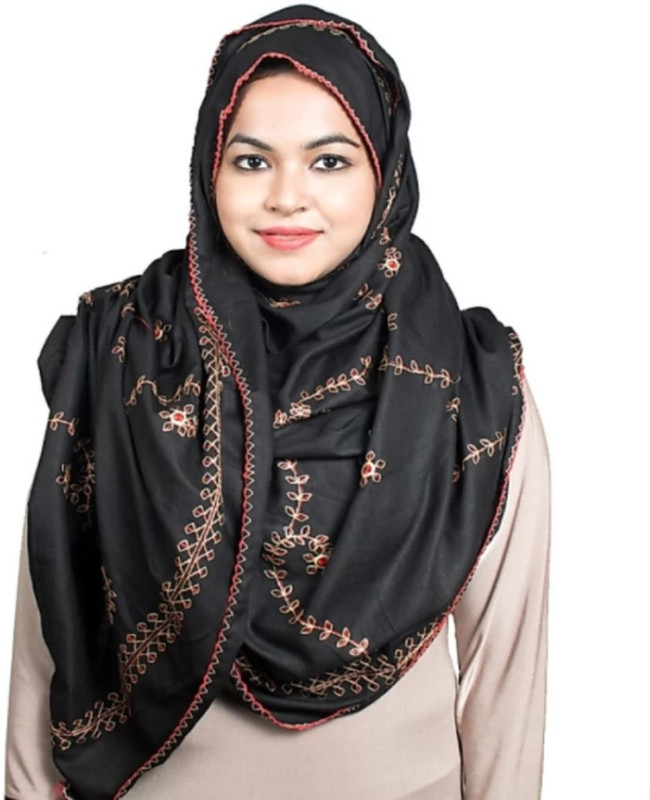 hijab fashion Rayon Embroidered Women's Shawl(Black)