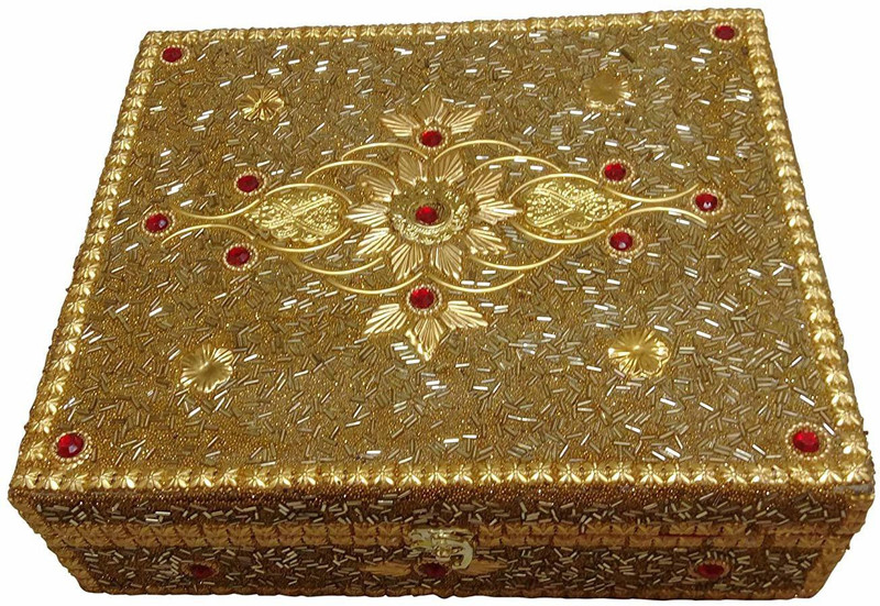 saan 3 Rods Bangles Box With Jari Works Made By High Quality Wood And Velevt Jari 3 rod bangle box Vanity Box(Golden)