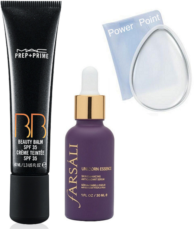 power point silicone puff, mac prep+prime bb beauty blum spf 35 cream teintee,Unicorn Essence farsali serum(4 Items in the set)