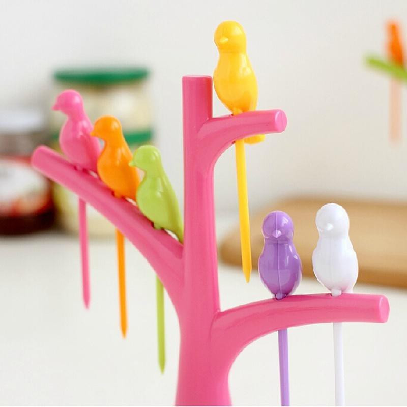 fitmall Bird Fruit Snack Dessert Forks+ Tree Shape Disposable Plastic Fruit Fork, Salad Fork, Table Fork, Serving Fork