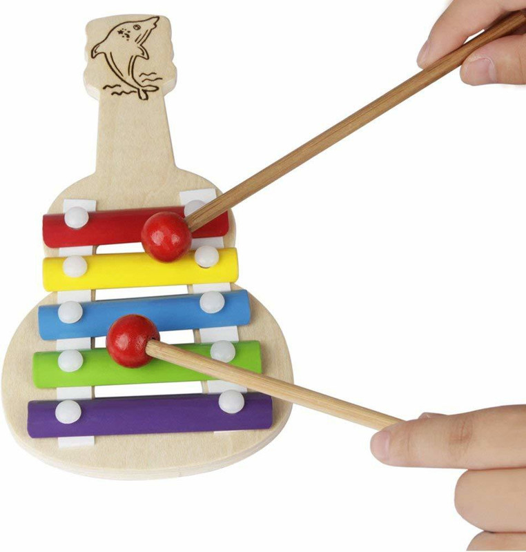 voolex Wooden Xylophone Guitar Shaped Musical Toy for Children with 5 Note Pack of 1(Multicolor)