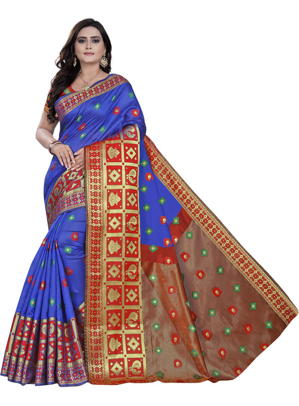 ecolors fab Printed Banarasi Pure Silk, Cotton Silk, Art Silk, Silk Blend, Cotton Blend Saree(Blue)