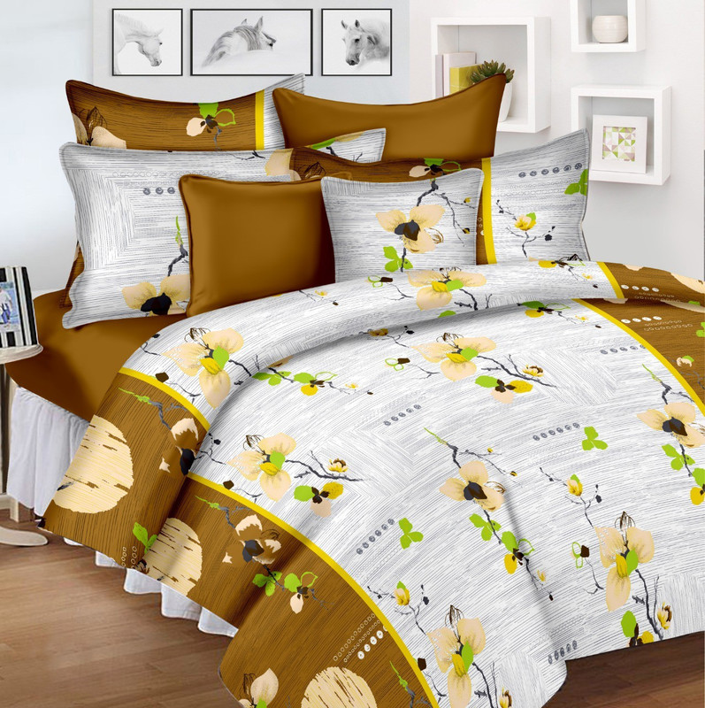 sleepwell 200 TC Cotton Double Printed Bedsheet(Pack of 1, White, Brown)