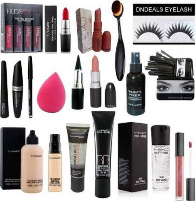 dndeals 1 red edition, 3 lipstick, 1 foundation brush, 1 Liner, 1 mascara, 2 kajal, 1 sponge, 1 eyelashes, 1 conceller, 1 huda matte fixer, 1 brush set of (12 piece ), 1 foundation, 1 lipgloss, 1 infallible, 1 bb cream, 1 prep+prime(19 Items in the set)