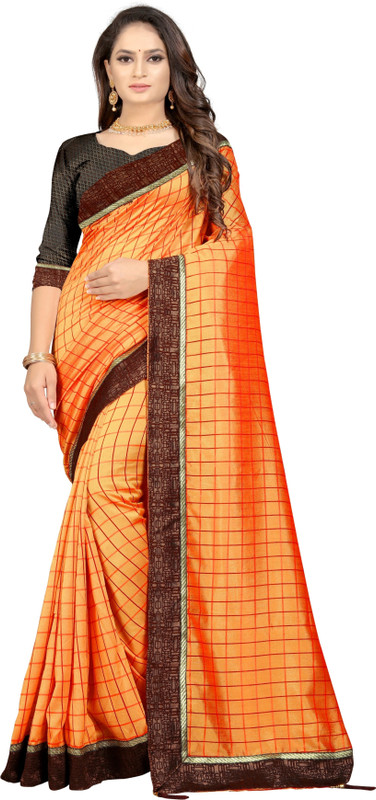 karkar Checkered Ganga Jamuna Art Silk Saree(Orange)