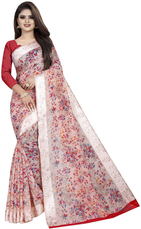 arlima Floral Print Daily Wear Linen Blend Saree(Pink)