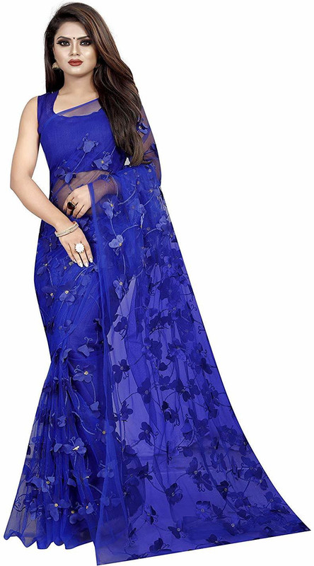 narideal Self Design Fashion Net Saree(Blue)