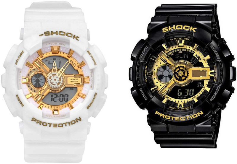 mngroup Combo G-0077 Golden White, Black Day Date Alarm Seven Alarm Sport Analog-Digital Watch  - For Men