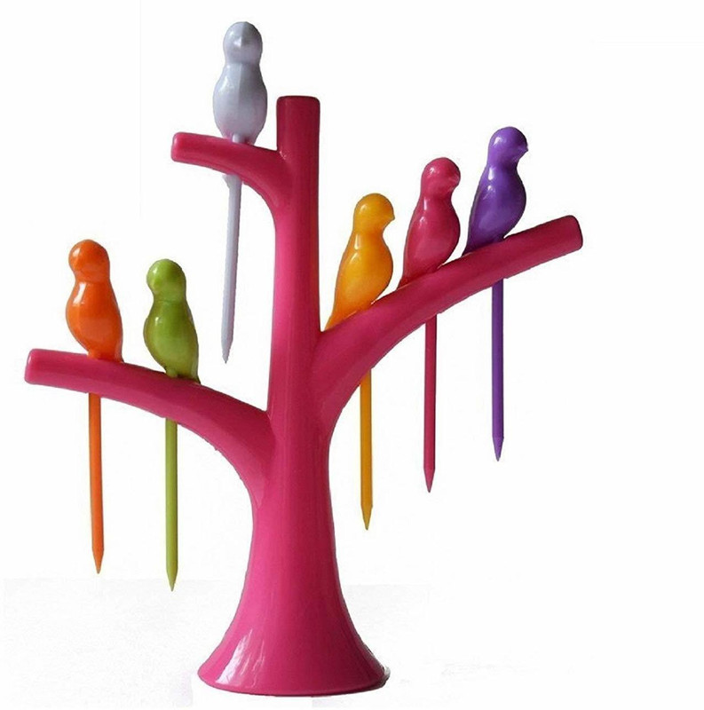 nilkhanth Humming Bird Design Fancy Fruit Salad Fork with Fork Holder Plastic Fruit Fork