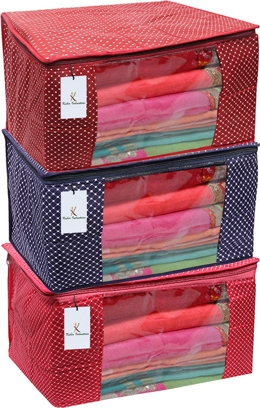 KUBER INDUSTRIES Polka Dots Cotton 3 Pieces Three Layer Quilted Extra Large Saree Cover CTKTC013494(Multicolor)
