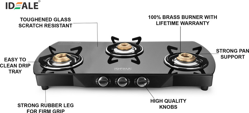 Ideale Graacio Tiano Burner Glasstop Glass, Stainless Steel Manual Gas Stove(3 Burners)