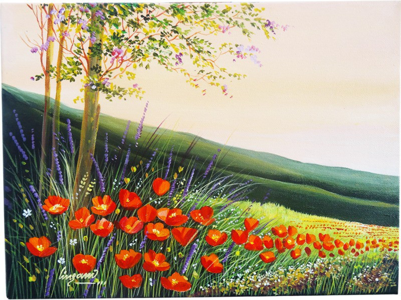 vgocart Red Tulip Flower Garden in Pink Sky Acrylic Color Painting Canvas 12 inch x 16 inch Painting