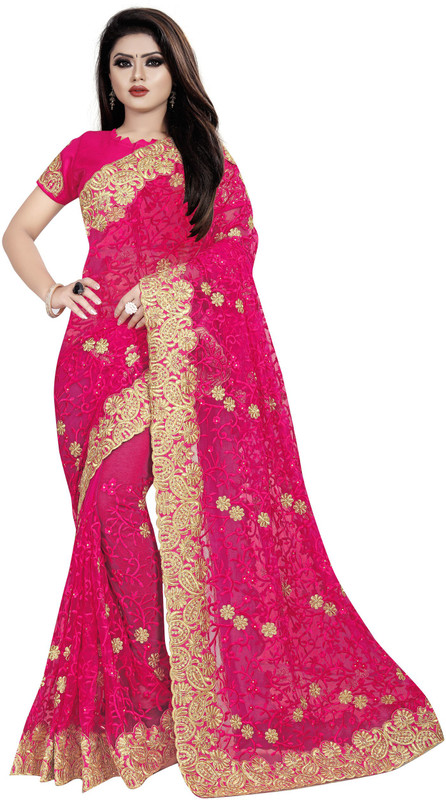 nine sister Embroidered, Self Design Bollywood Net Saree(Pink)
