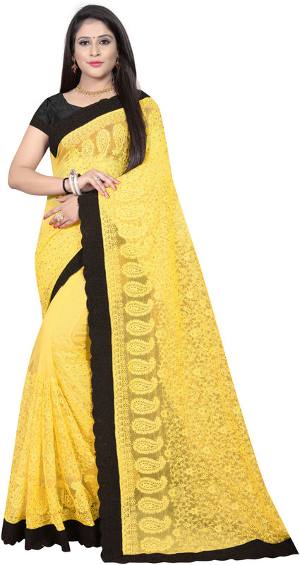 nine sister Embroidered, Self Design Bollywood Nylon Saree(Yellow)