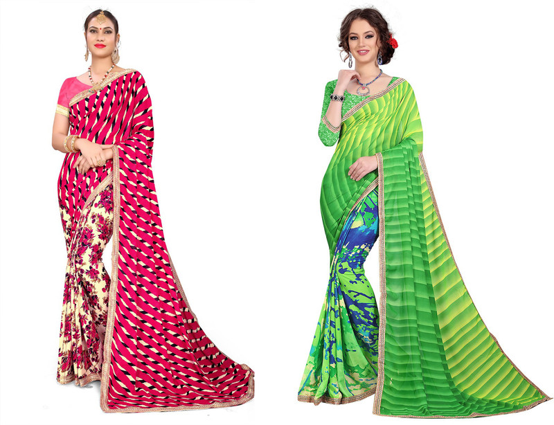 kanooda prints Floral Print Daily Wear Georgette Saree(Pack of 2, Multicolor)