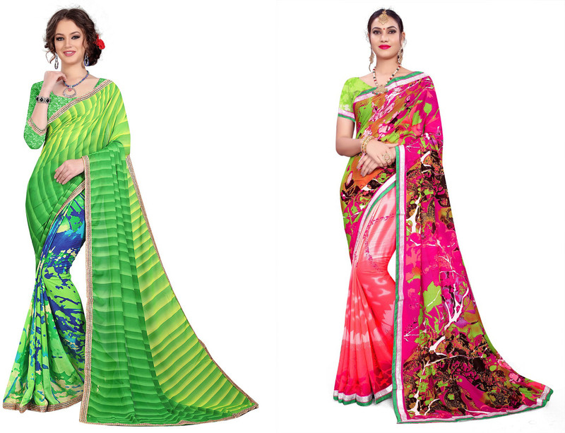 kanooda prints Floral Print Daily Wear Georgette Saree(Pack of 2, Multicolor)