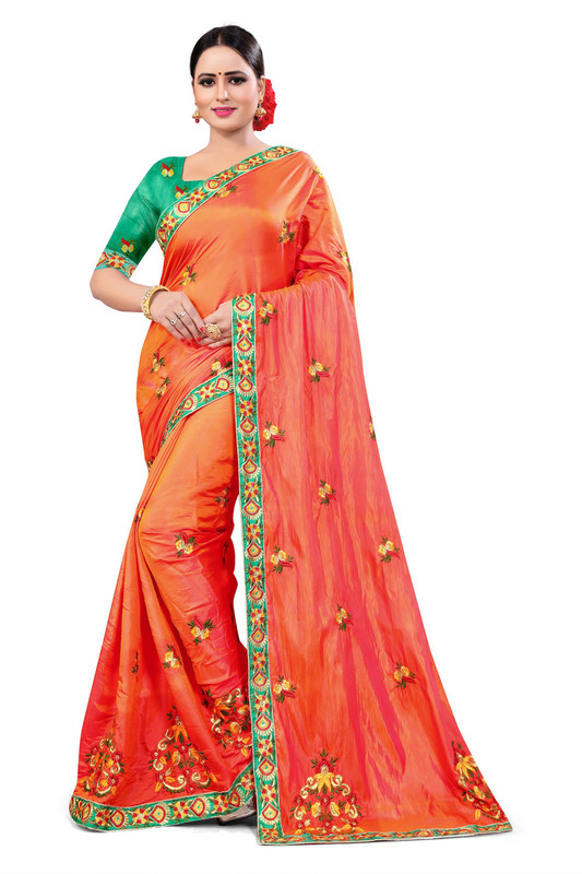 ecolors fab Embroidered Daily Wear Pure Silk, Lace, Art Silk, Silk Blend Saree(Orange)