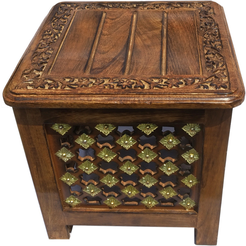 woodboss Wooden Beautiful Handmade Stool with Brass and Cutwork (Brown) Solid Wood Bedside Table(Finish Color - DARK BROWN)