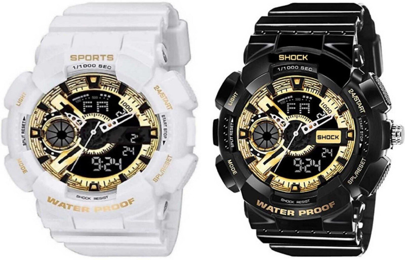 mngroup MN Combo G-007 Golden White, Black Day Date Alarm Seven Alarm Sport Analog-Digital Watch  - For Men