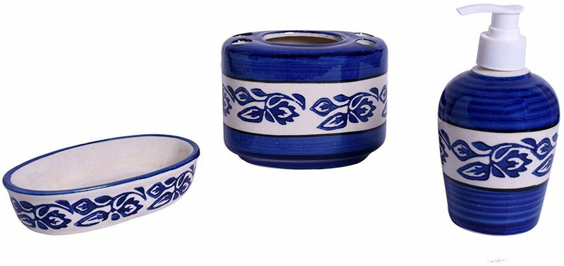 mushti beautiful Ceramic Bathroom Accessories Set of 3 - Blue Ceramic Bathroom Set(Pack of 1)