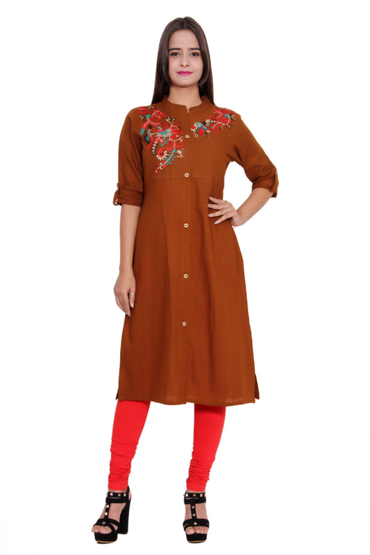 up2date Women Embroidered Straight Kurta(Brown)