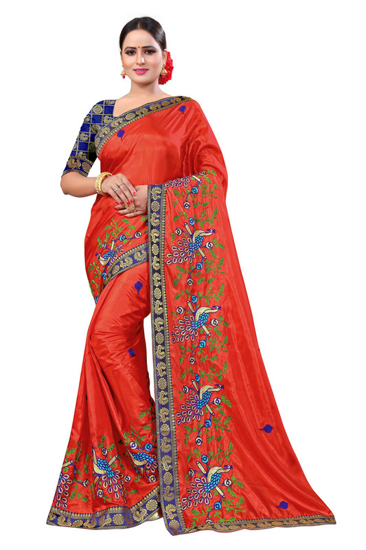 ecolors fab Embroidered Fashion Pure Silk, Lace, Art Silk, Silk Blend Saree(Red)