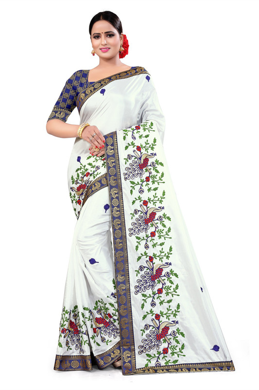 ecolors fab Embroidered Fashion Pure Silk, Lace, Art Silk, Silk Blend Saree(White)
