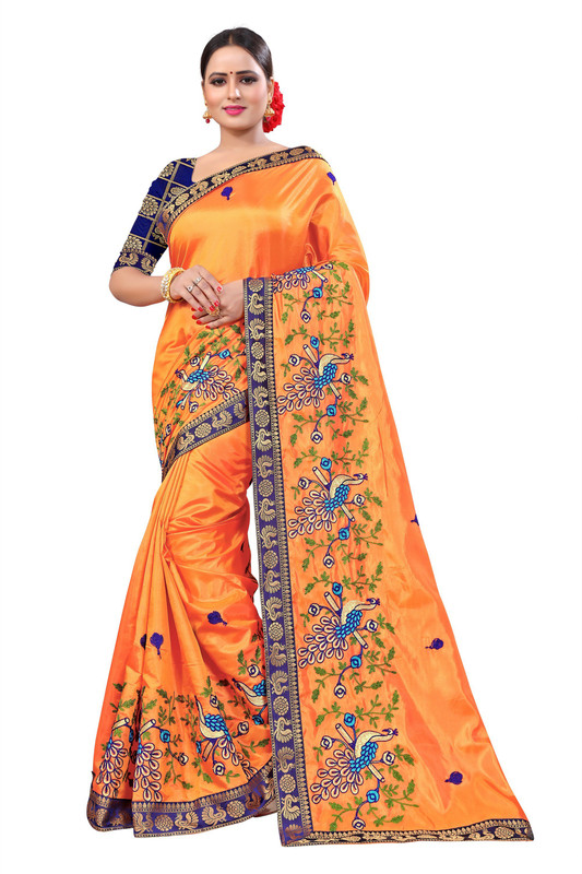 ecolors fab Embroidered Fashion Silk Blend, Pure Silk, Art Silk, Lace Saree(Orange)