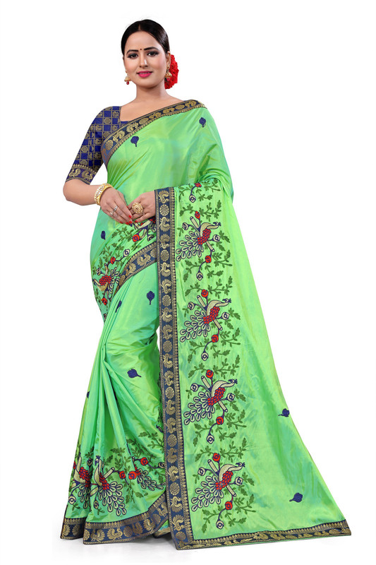 ecolors fab Embroidered Fashion Pure Silk, Lace, Art Silk, Silk Blend Saree(Light Green)