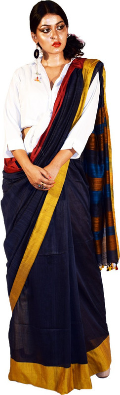 tatwamashi Striped Phulia Khadi Cotton Saree(Dark Blue)
