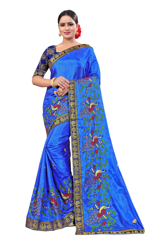 ecolors fab Embroidered Fashion Pure Silk, Lace, Art Silk, Silk Blend Saree(Light Blue)