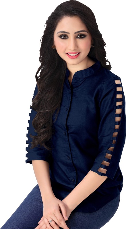 Venisa Casual Cutout Sleeve Solid Women Dark Blue Top