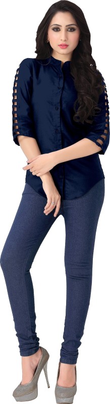 Venisa Casual Cutout Sleeve Solid Women Dark Blue Top